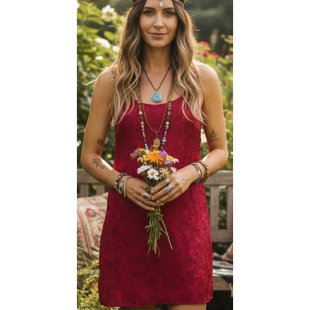 Sacred Threads Vibrant Red textured Satin Slip Dress